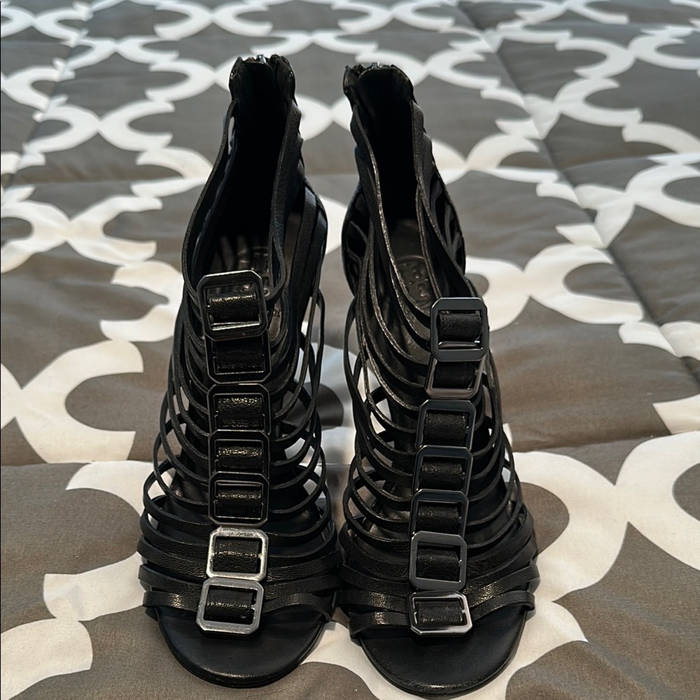 Tory Burch Black Strappy Heels with Cage Design